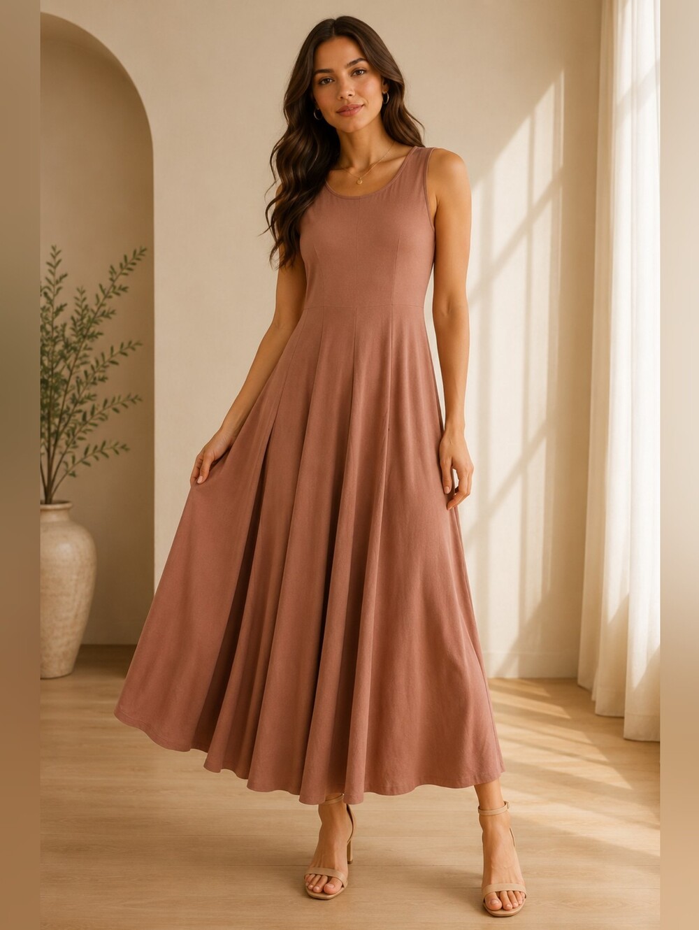 Reborn Mauve-Tan Sleeveless Flared Maxi Dress